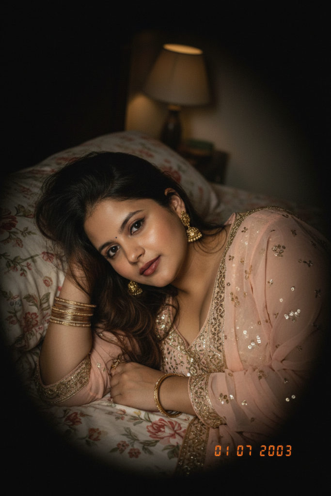 Romantic Bedroom Portrait with Vintage Lamp Glow