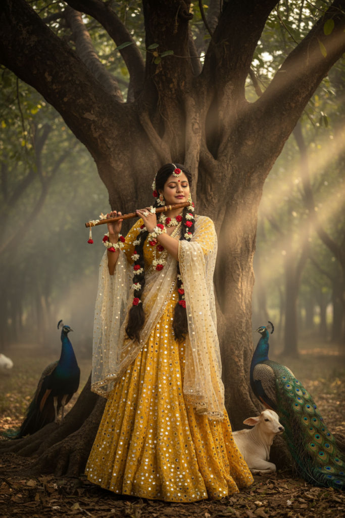 Radharani playing fluet infront of peacock