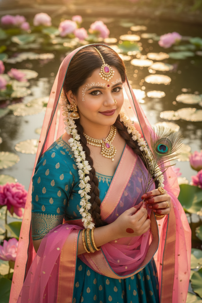 Radha Rani Look in teal and pink lehenga with peacock feather at lotus pond