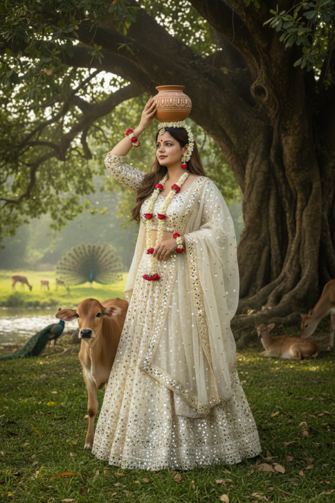 Radharani in ivory lehenga carrying clay pot with calf under banyan tree in rural village setting