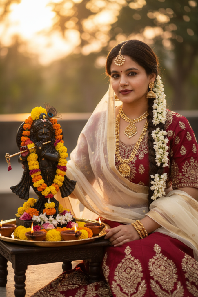 Radharani look in maroon lehenga performing Krishna aarti with idol marigold garlands diya golden hour
