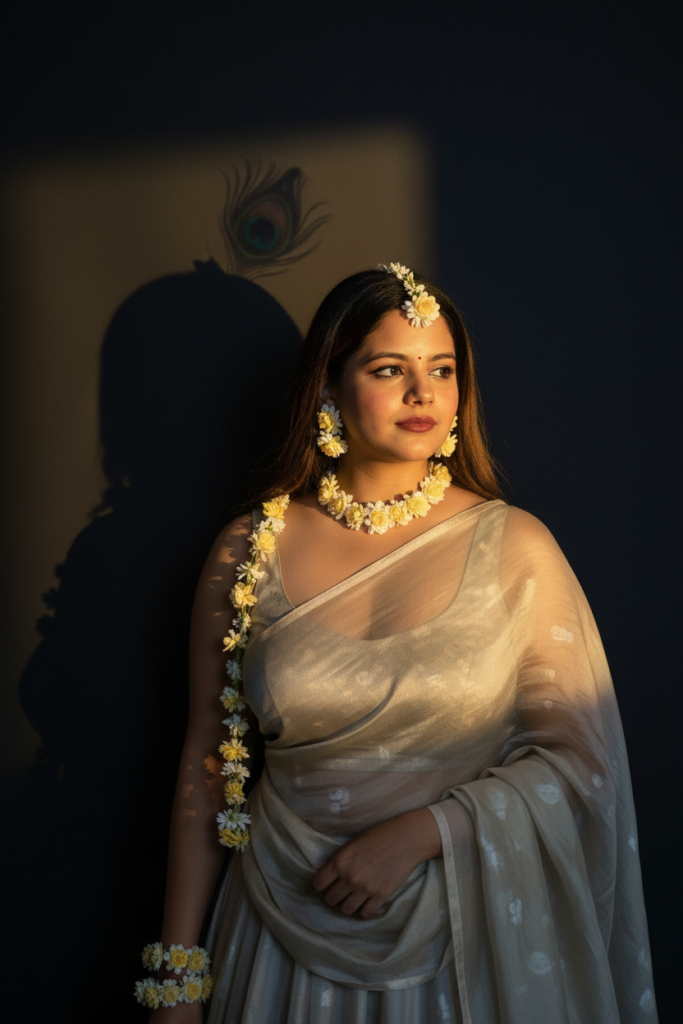 Radha Rani portrait ivory saree yellow white flower jewelry peacock feather shadow dramatic lighting